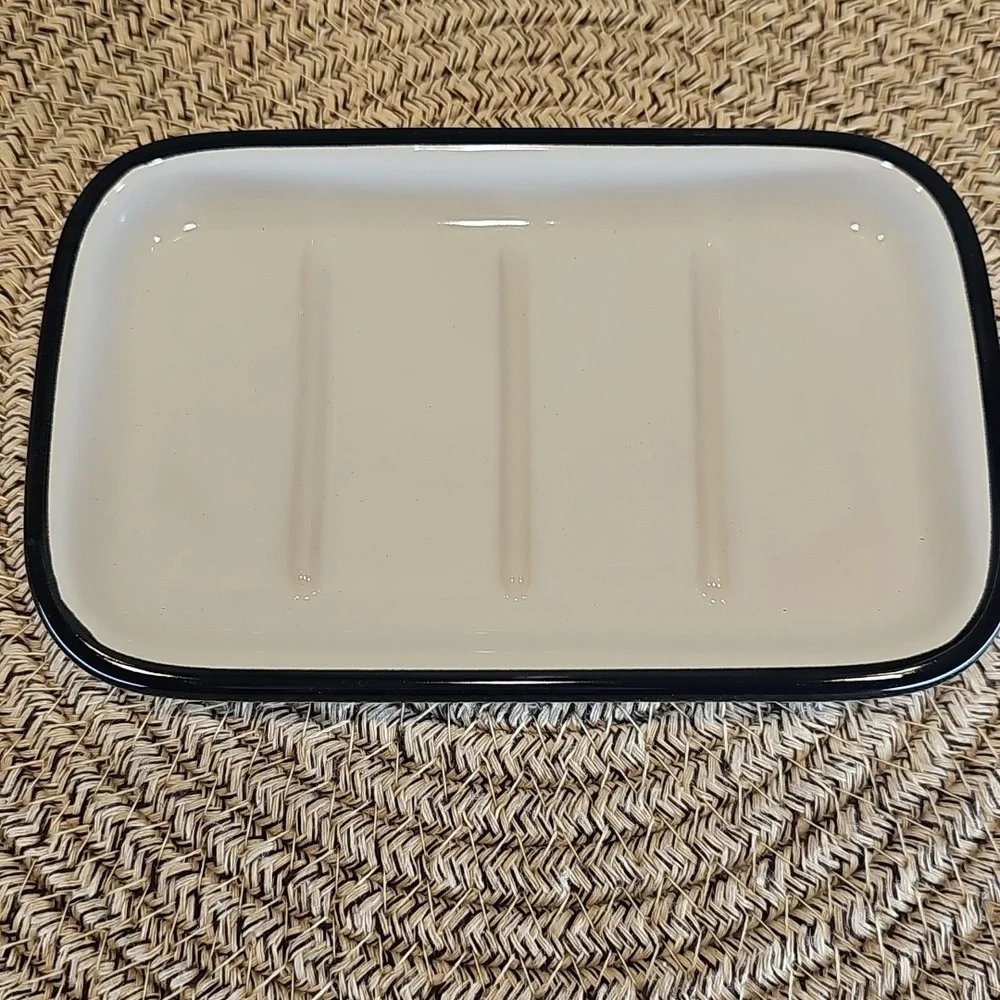 Hearth And Hand White Glazed Stonware Soap Dish with Black Trim